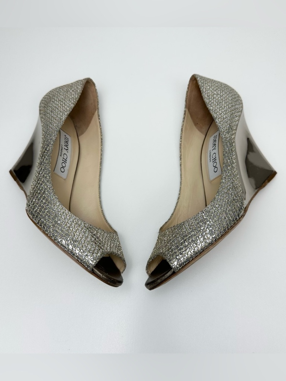 Jimmy Choo Metallic Silver Peep Toe Wedges - Picture 2 of 12